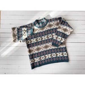 striped wool sweater vtg teal brown pink geometric pattern mockneck‎ sweater